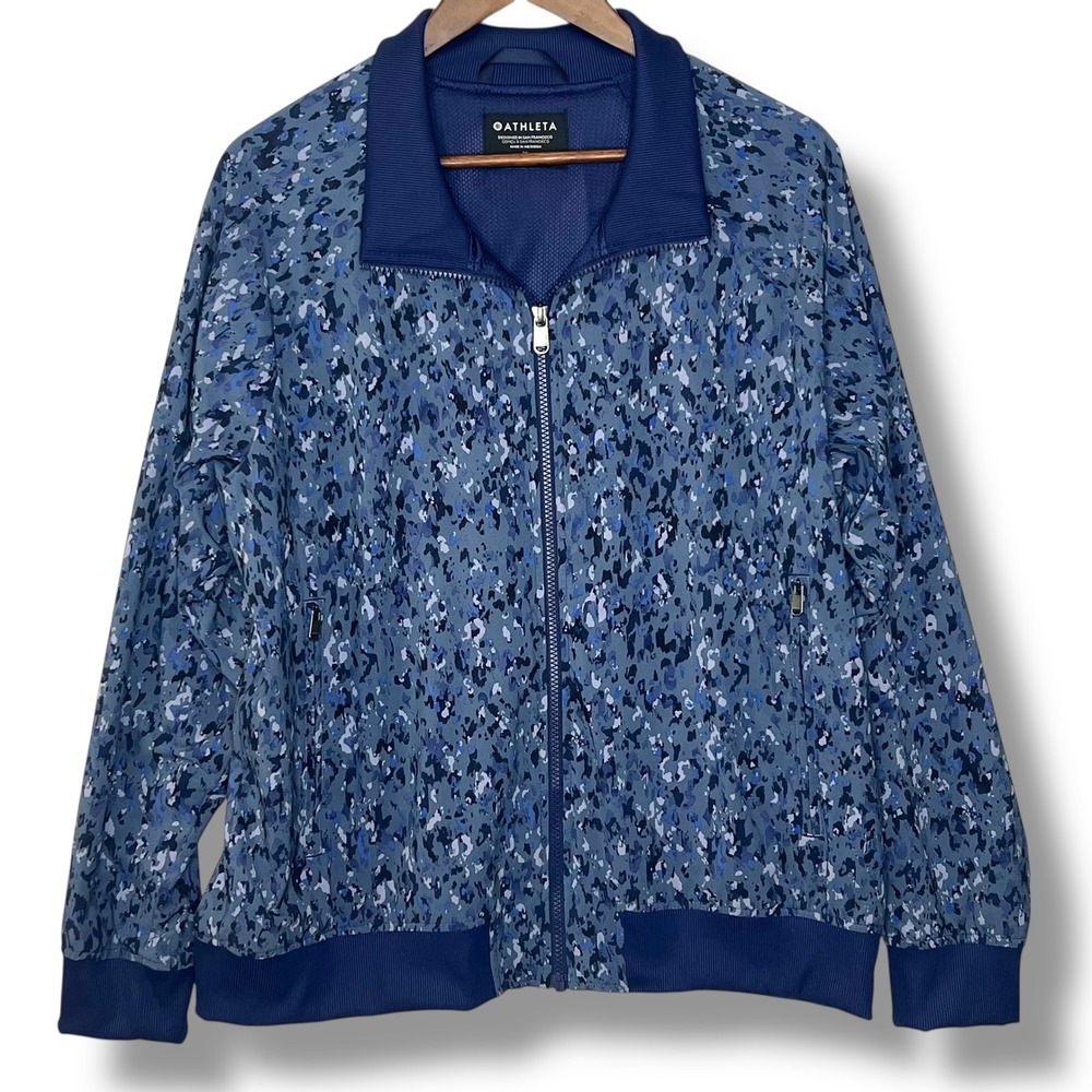 Athleta Brooklyn Bomber Jacket XL Captivate Chrome Blue Camo Zip Up Lightweight